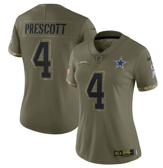 Women's Dallas Cowboys #4 Dak Prescott 2022 Olive Salute To Service Limited Stitched Jersey(Run Small)